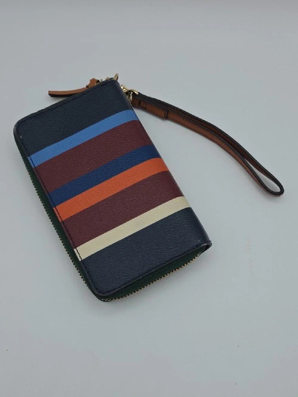Tory Burch Navy Multicolor Stripe Zip Wristlet